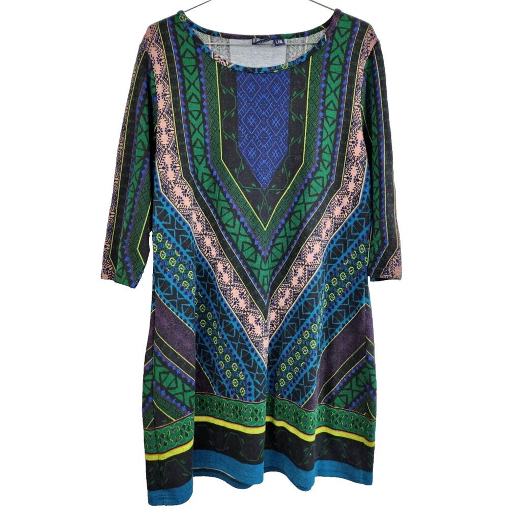Highness Womens BOHO‎ Mini Sweater Dress L/XL Green Printed 3/4 Sleeve Casual